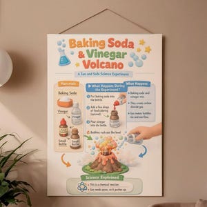 May include: A colorful educational poster titled "Baking Soda & Vinegar Volcano" shows a science experiment. The poster includes illustrations of materials, steps, and explanations. The poster is hanging on a wall near a plant and a white spherical light fixture.