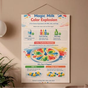 May include: A colourful science experiment poster titled "Magic Milk Color Explosion" explaining the science behind colour mixing. The poster is hanging on a wall, with a white pendant light and a green plant in the foreground.