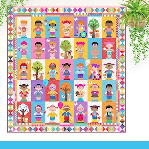 Könnte beinhalten: Ein farbenfroher Patchwork-Quilt mit einem Raster aus Cartoonfiguren, Bäumen und Tieren. Jedes Quadrat hat eine andere Hintergrundfarbe, wobei die Figuren verschiedene Outfits tragen. Der Quilt ist mit geometrischen Mustern in einer Vielzahl von Farben eingefasst.