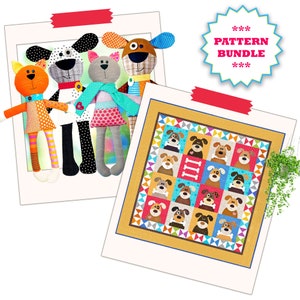 Harry & Miss Kitty Pattern Bundle | DIGITAL PDF Quilt Pattern | Applique Patterns | Dog Quilts | Dog Cat Soft Toy