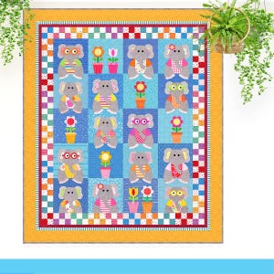 May include: A colorful patchwork quilt featuring a repeating pattern of gray elephants wearing vests and glasses, alternating with potted flowers. The quilt has a blue, red, and yellow border and a yellow outer edge. The elephants are in various colors and patterns.