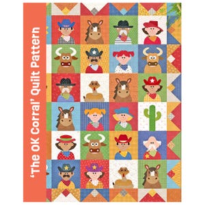 Pode incluir: Um padrão de colcha intitulado 'The OK Corral' Quilt Pattern apresentando uma grade de quadrados coloridos. Cada quadrado exibe uma ilustração diferente de cowboy, cowgirl, cavalo, touro, cobra ou cacto em várias cores e padrões.