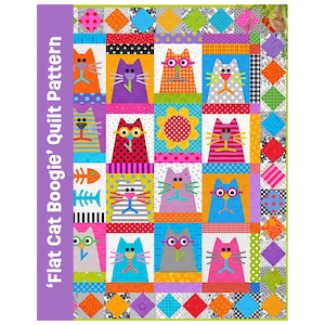 Könnte beinhalten: Ein bunter Quilt mit einem Raster aus stilisierten Katzengesichtern in verschiedenen Mustern und leuchtenden Farben sowie einer Rautenbordüre. Der Text 'Flat Cat Boogie' Quilt Pattern ist vertikal in Weiß auf einem violetten Seitenstreifen gedruckt.