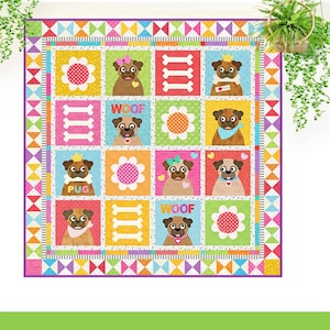 Pugs in My Garden: Pug Dog Applique Quilt Pattern (PDF)