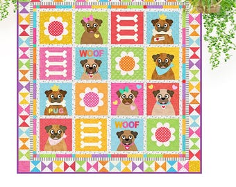 Pugs in My Garden: Pug Dog Applique Quilt Pattern (PDF)