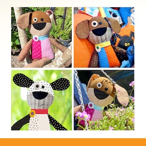 May include: A collection of four handmade fabric dog dolls featuring patchwork designs with various patterns including polka dots, stripes, and plaid. Each plush toy has button eyes, a stitched nose, and a colorful collar with a small button detail.