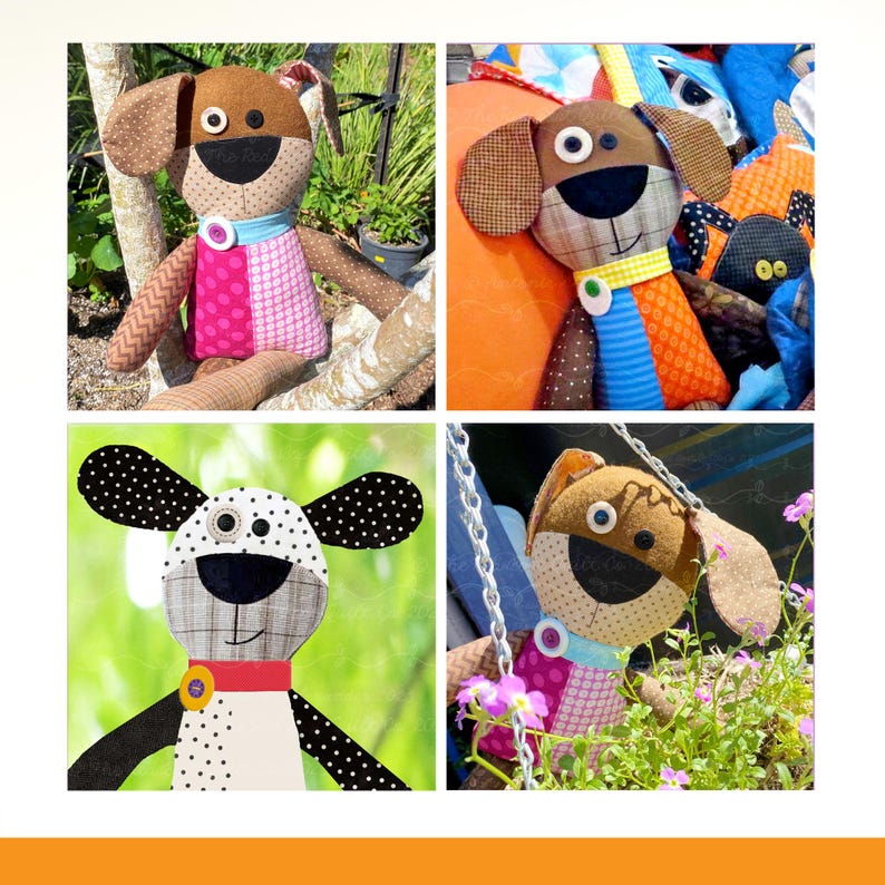 May include: A collection of four handmade fabric dog dolls featuring patchwork designs with various patterns including polka dots, stripes, and plaid. Each plush toy has button eyes, a stitched nose, and a colorful collar with a small button detail.