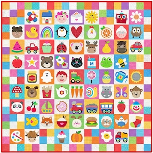 May include: A vibrant patchwork quilt with a grid of squares, each displaying a different cartoon illustration. Designs include animals, food, and objects in bright colours. The quilt has a red border.