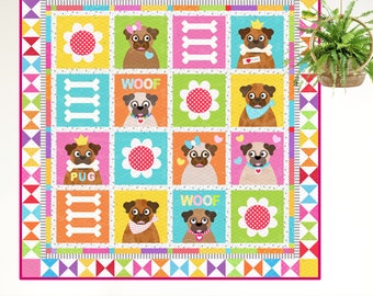 Pugs in My Garden | PRINTED Quilt Pattern | Applique Quilt Patterns | Kid's Quilt Patterns | Pug Dog Quilt Patterns | Red Boot Quilt Co