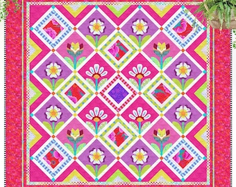 Los Jardines de las Tullerías: Patrón de colcha con apliques florales en dos colores (PDF)