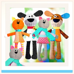 Harry & Miss Kitty | DIGITAL PDF Soft Toy Pattern | Plushie Patterns | Kid's Plushie Patterns | Cat Dog Soft Toy | Red Boot Quilt Co