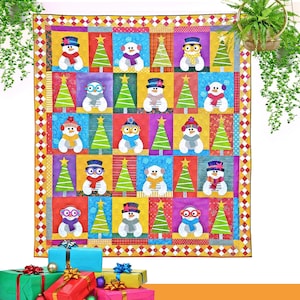May include: A colorful Christmas quilt featuring a patchwork design with snowmen and Christmas trees. The snowmen wear hats, scarves, and glasses. The quilt has a red, yellow, and blue border and is decorated with various colors.