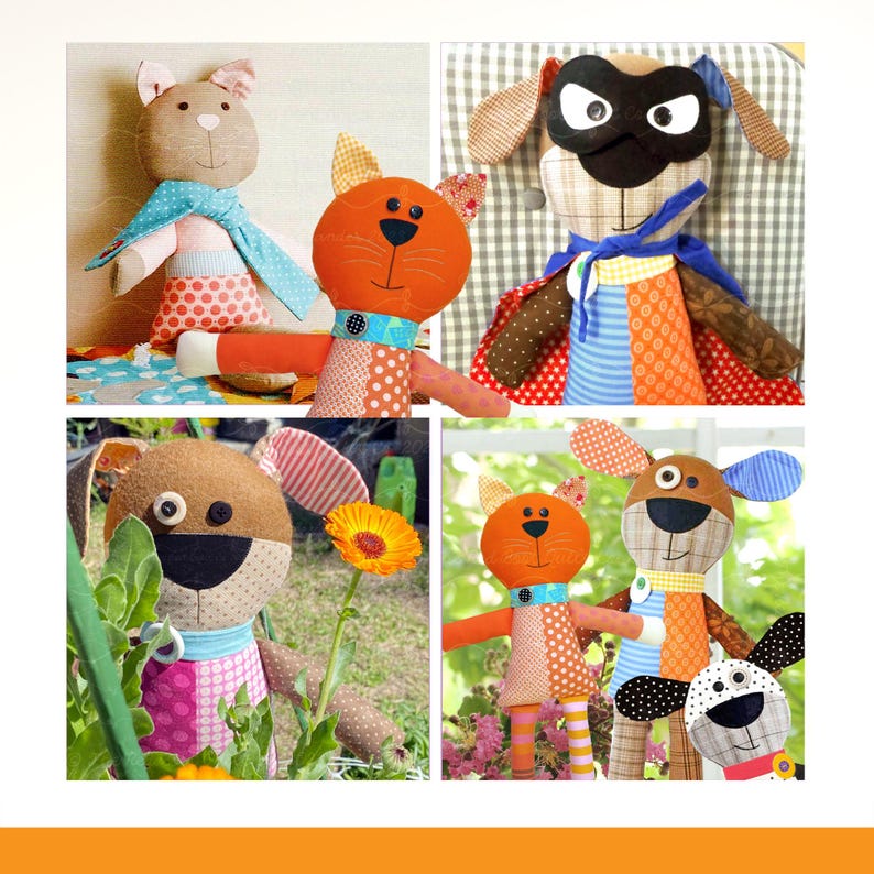 May include: A collection of handmade fabric stuffed animals including cats and dogs. The toys feature patchwork patterns in various colors, button eyes, and fabric capes. Some figures wear masks, while others have scarves, all crafted from assorted cotton textiles.