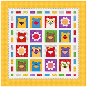 May include: A colorful patchwork quilt featuring a repeating pattern of cartoon bears and flowers. The bears are in various colors, some wearing glasses or bows. The quilt has a yellow border and a white background with colorful accents.