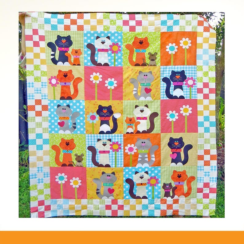 May include: A patchwork quilt featuring a grid of colorful squares with appliqued cats, small mice, and flowers. The cats are depicted in various colors including orange, gray, and black, often paired with hearts or floral motifs on patterned backgrounds.