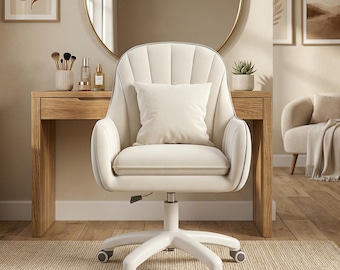 Silla de tocador de terciopelo de respaldo medio / Silla de escritorio giratoria con ruedas para dormitorio u oficina.