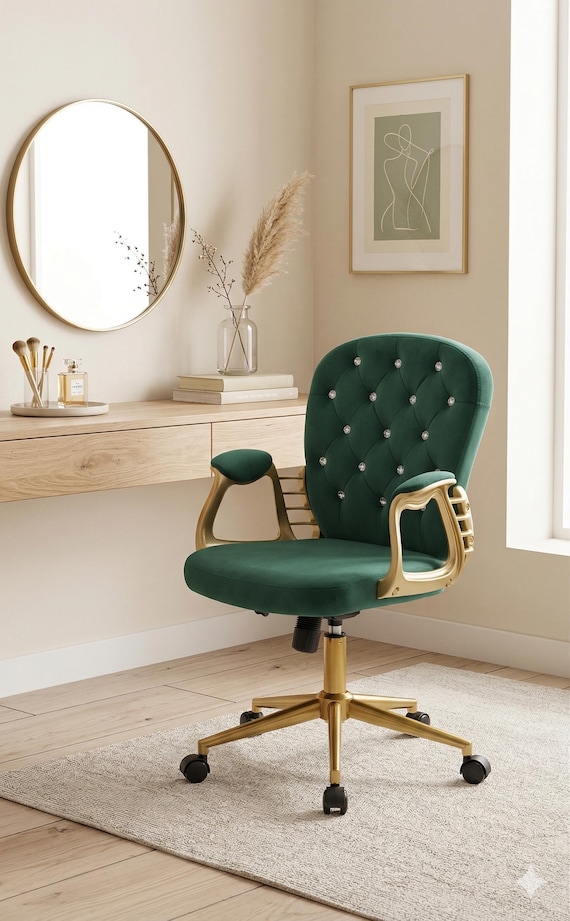 Velvet Desk Chair with Gold Legs | Swivel Makeup Vanity Office Chair