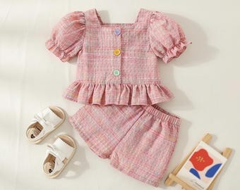 Summer Baby Girl Plaid Cotton Top and Shorts Set Princess Outfit