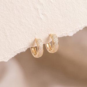 May include: A pair of gold hoop earrings featuring a pavé setting with numerous small, clear, round-cut stones embedded along the front-facing surface of each hoop. The earrings have a polished metallic finish and a hinged closure mechanism.