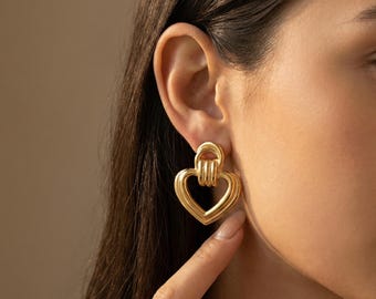 Gold Heart Drop Earrings, Open Heart Studs, Polished Love Earrings, Chic Statement Jewelry, Gift for Her