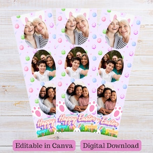 May include: Easter-themed photo booth props with family photos. The props are light purple with egg and bunny designs. The text "Happy Easter" is at the bottom, with "Editable in Canva" and "Digital Download" at the bottom.