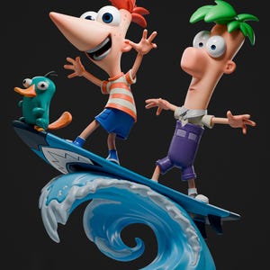 May include: A colorful figurine depicts two cartoon characters surfing on a blue wave. One character wears an orange and white striped shirt and blue shorts. The other character wears a purple outfit. A teal platypus is also on the surfboard.