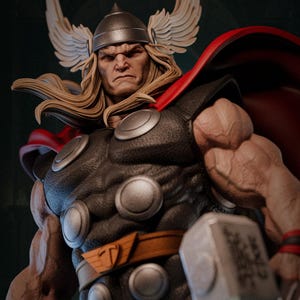 May include: A detailed figurine of Thor, a superhero, with a stern expression. He wears a winged helmet, a black and silver armored chest, and a red cape. He holds a silver hammer, and his blonde hair flows around his shoulders.