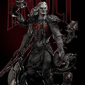May include: A detailed statue of a character with long white hair, wearing dark armor with red accents. The figure is surrounded by black, tendril-like creatures with menacing faces. The word "KNULL" is displayed in red in the background.
