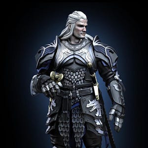 May include: A detailed figurine of a knight in full armour, predominantly black and silver, with intricate dragon motifs. The knight holds a sword and is posed on a textured base. The figure has long white hair and a stern expression.