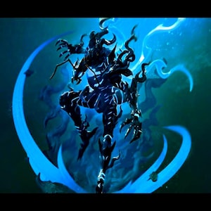 Puede incluir: Ilustración digital de una figura humanoide oscura con garras afiladas y una forma etérea y fluida. La figura es principalmente negra con acentos azules brillantes, sobre un fondo azul y verde azulado con patrones arremolinados.