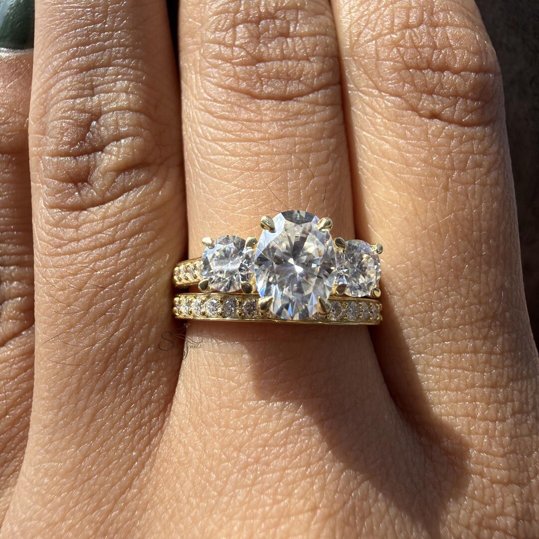 Oval Cut Moissanite Engagement Ring Set, Three Stone Bridal Wedding ...