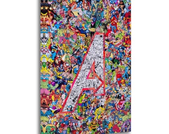 Collage de personajes de cómics con el logotipo de Los Vengadores, pintura sobre lienzo, póster de arte de pared, impresión de imagen, decoración de paredes de sala de estar, pósteres para el hogar
