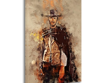 Clinton Eastwood Watercolor Canvas Print, Western Movie Art