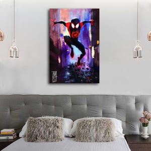 May include: A canvas print of a superhero in a dynamic pose, set against a vibrant cityscape. The figure, clad in a black and red suit, is mid-air with arms outstretched. The artwork features a colorful, impressionistic style with a signature in the lower left corner.