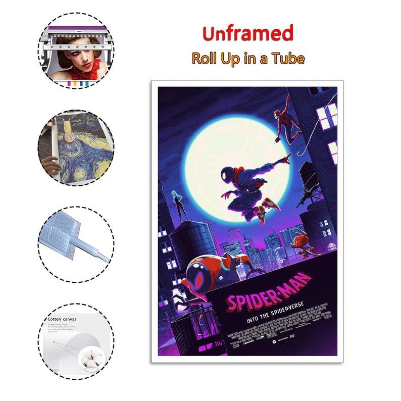 May include: A poster for the animated film "Spider-Man: Into the Spider-Verse" featuring Spider-Man in action against a cityscape backdrop. The poster is labeled "Unframed, Roll Up in a Tube."