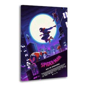May include: A canvas print featuring the movie poster for "Spider-Man: Into the Spider-Verse." The artwork depicts several Spider-Man characters in action against a cityscape backdrop, with a large moon in the sky. The color palette is dominated by blues, purples, and reds.