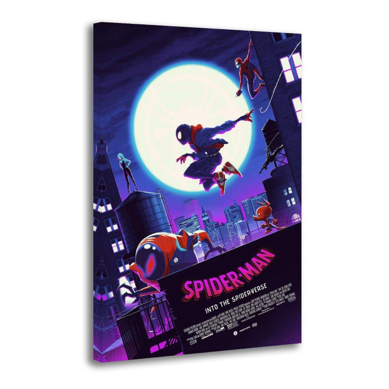 May include: A canvas print featuring the movie poster for "Spider-Man: Into the Spider-Verse." The artwork depicts several Spider-Man characters in action against a cityscape backdrop, with a large moon in the sky. The color palette is dominated by blues, purples, and reds.