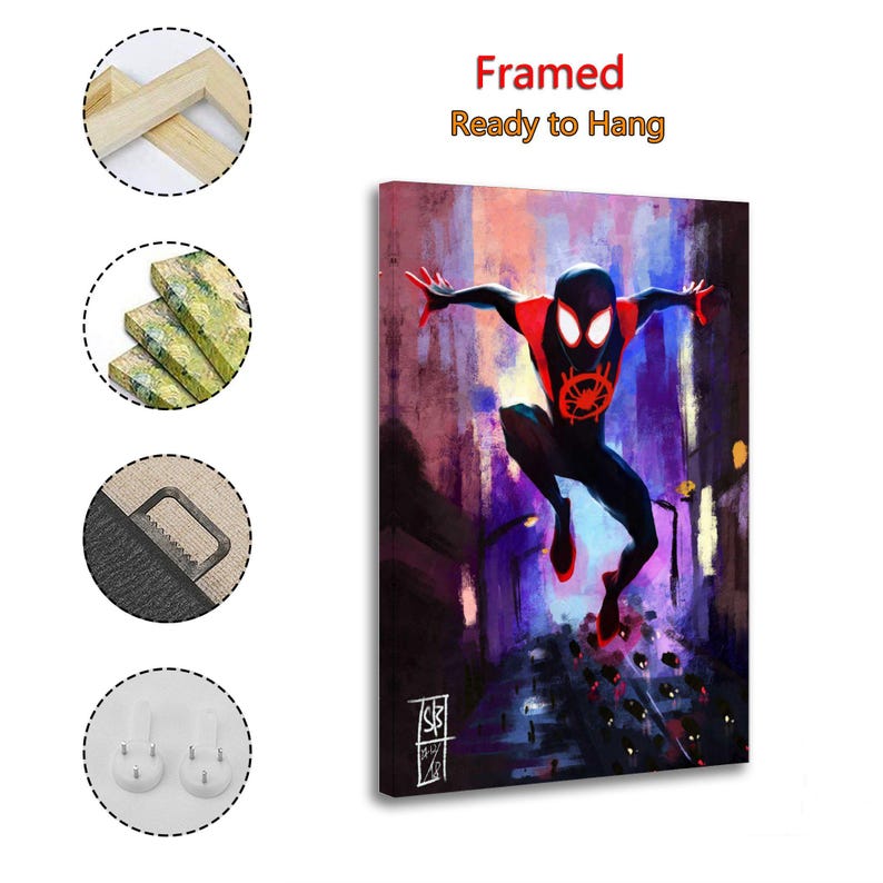 May include: Framed canvas art print featuring a dynamic illustration of a superhero in a black and red suit, leaping against a backdrop of a city street with purple and blue hues. The artwork is ready to hang.
