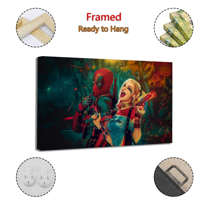 K&ouml;nnte beinhalten: Gerahmtes Leinwandbild mit Deadpool und Harley Quinn. Deadpool tr&auml;gt einen roten Anzug und eine Maske, w&auml;hrend Harley Quinn ein rot-wei&szlig;-blaues Outfit tr&auml;gt und eine rot-schwarze Waffe h&auml;lt. Das Kunstwerk ist fertig zum Aufh&auml;ngen.