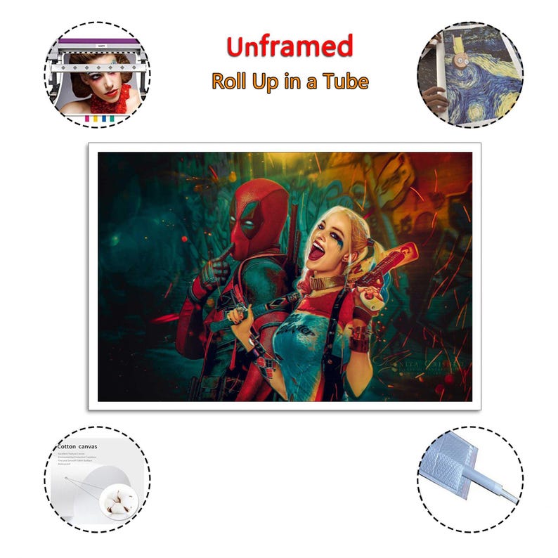 K&ouml;nnte beinhalten: Ungerahmter Kunstdruck mit Deadpool und Harley Quinn. Das Kunstwerk zeigt die Charaktere in einer dynamischen Pose, Deadpool in seinem roten Anzug und Harley Quinn mit einer Waffe. Der Hintergrund ist eine Mischung aus dunklen und leuchtenden Farben.