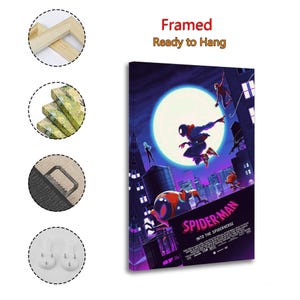 May include: Framed canvas art featuring the Spider-Man: Into the Spider-Verse movie poster. The artwork depicts multiple Spider-Man characters in a cityscape with a large moon in the background. The canvas is ready to hang.