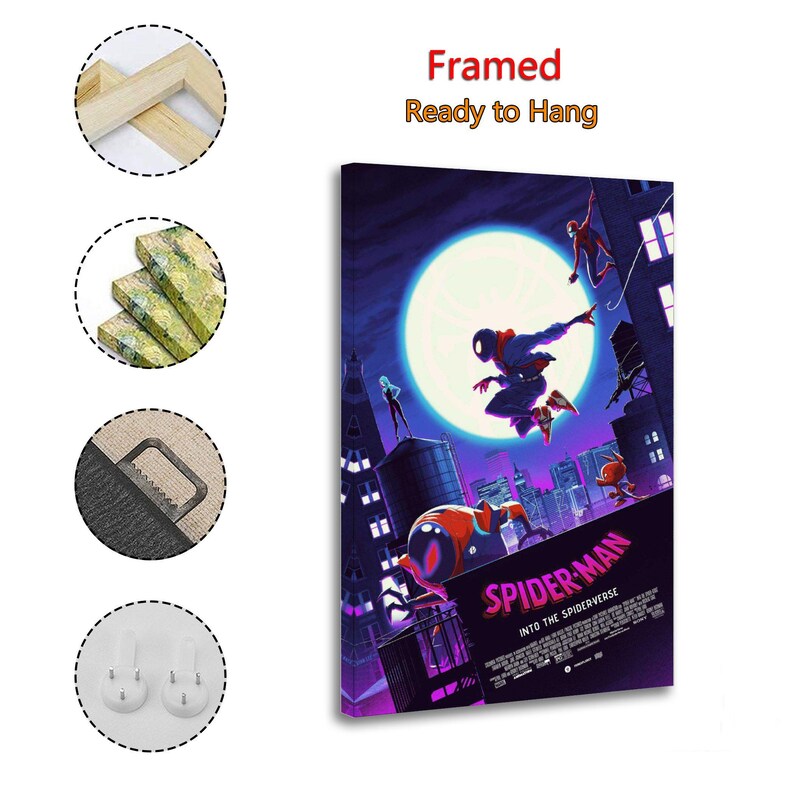 May include: Framed canvas art featuring the Spider-Man: Into the Spider-Verse movie poster. The artwork depicts multiple Spider-Man characters in a cityscape with a large moon in the background. The canvas is ready to hang.