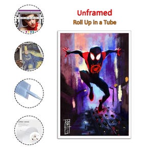 May include: Unframed art print featuring a dynamic illustration of a superhero in a black and red suit, leaping against a backdrop of a city street. The artwork is vibrant with purple and blue hues, and the text "Unframed Roll Up in a Tube" is displayed.