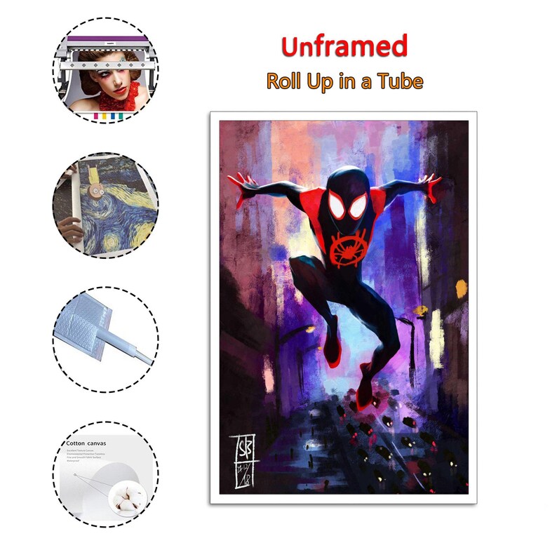 May include: Unframed art print featuring a dynamic illustration of a superhero in a black and red suit, leaping against a backdrop of a city street. The artwork is vibrant with purple and blue hues, and the text "Unframed Roll Up in a Tube" is displayed.