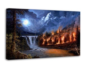 Cuadro de Jesse Barne, bosque en llamas a la luz de la luna, sobre lienzo, póster decorativo para pared, ideal para sala de estar o decoración del hogar.