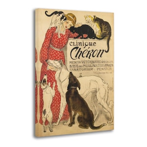 Op de afbeelding: Vintage prent met een vrouw, katten en honden. Het kunstwerk bevat de tekst "Clinique Cheron" en andere Franse tekst, met een crèmekleurige achtergrond.