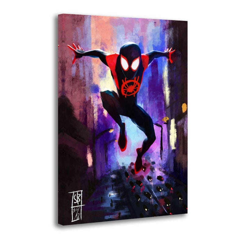 May include: Canvas art print of a superhero in a black and red suit, leaping through a city street. The artwork features a dynamic pose with outstretched arms and legs, set against a backdrop of purple and orange hues.