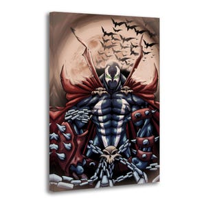 May include: Comic book art print featuring the character Spawn. The image shows Spawn in a dynamic pose, with a red cape, chains, and a skull. The background includes a full moon and bats.