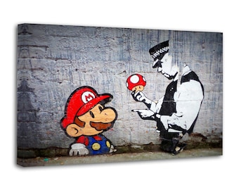 Cuadro de Banksy con la obra "Mario y el policía" pintado sobre lienzo. Póster decorativo para pared, ideal para sala de estar o cualquier otro lugar.
