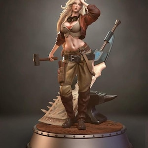 May include: A detailed figurine of a woman in a brown jacket, vest, and pants, holding a hammer. She has blonde hair and goggles around her neck. An anvil and a large weapon are behind her. The figurine is on a round base.